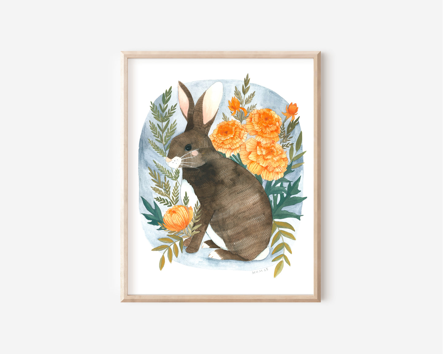 Hand Drawn Bunny Illustration with Marigold Flowers (11x14)