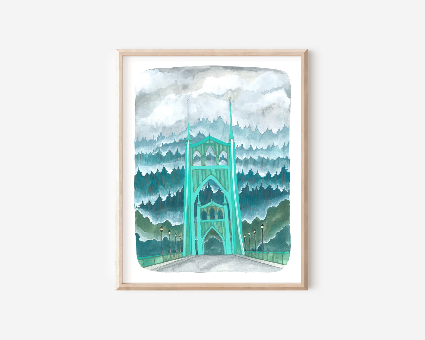 Portland Oregon Illustration of the St Johns Bridge with a Misty Forest (11x14)