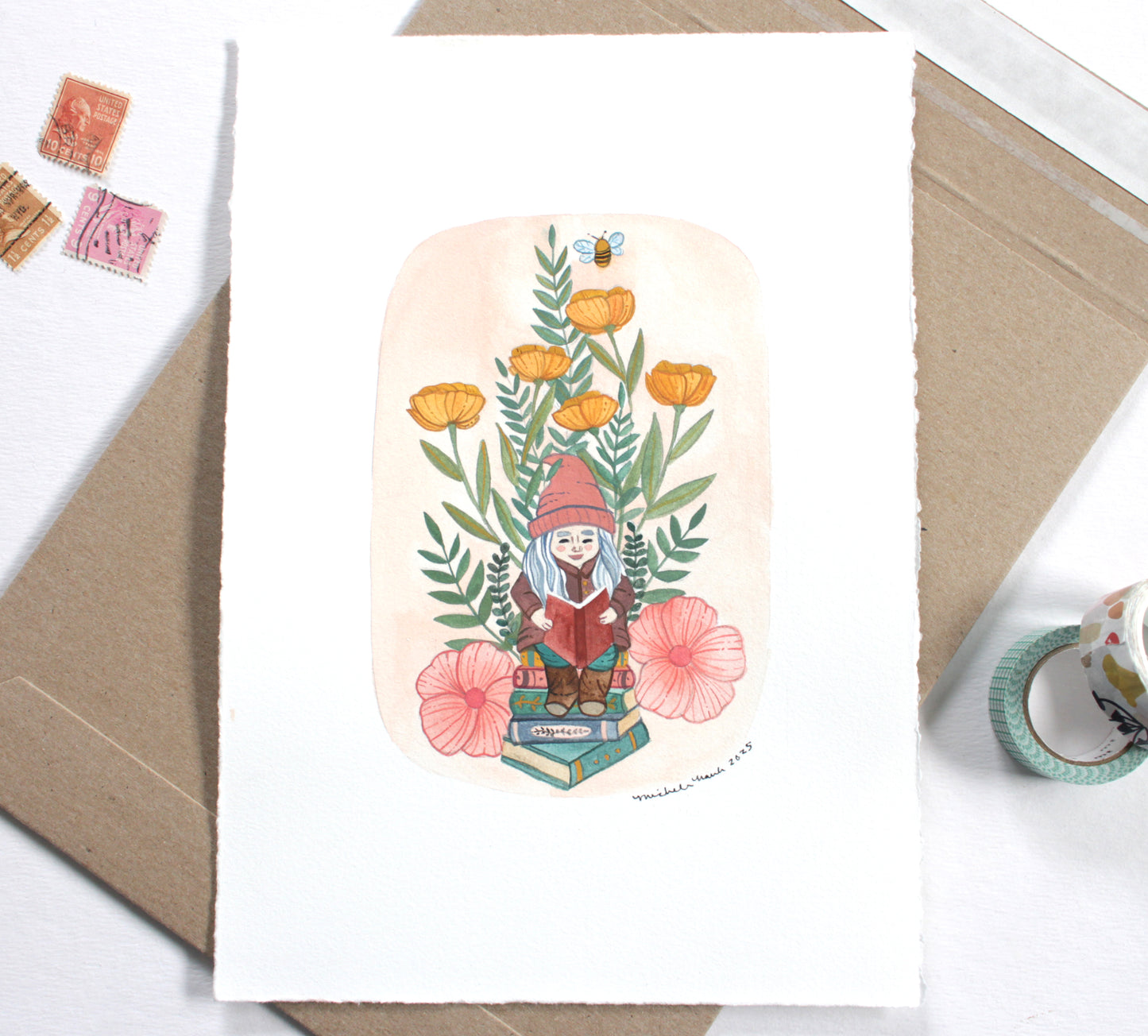 Original Painting - Garden Gnome Reading in the Garden