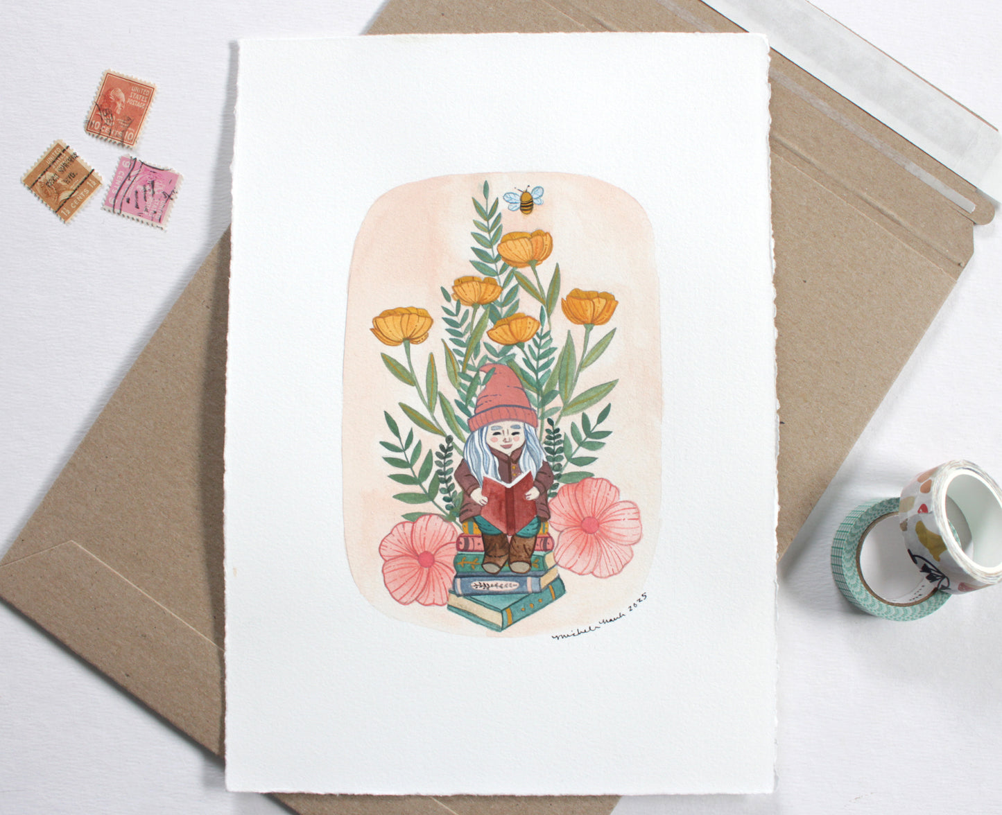 Original Painting - Garden Gnome Reading in the Garden