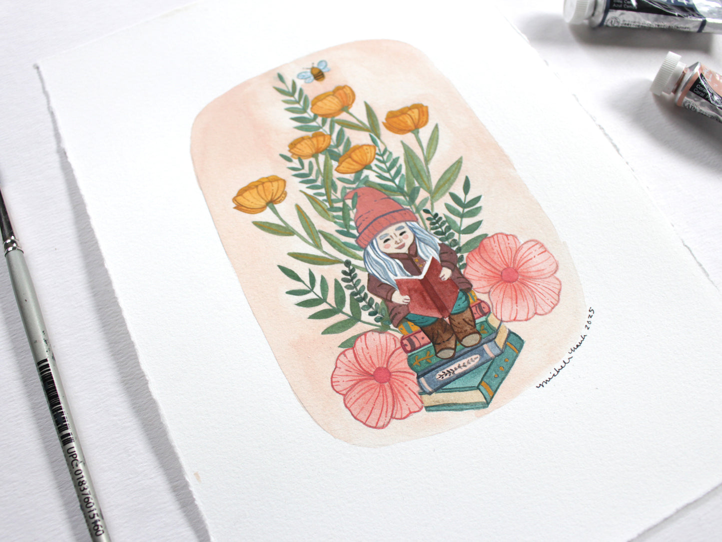 Original Painting - Garden Gnome Reading in the Garden