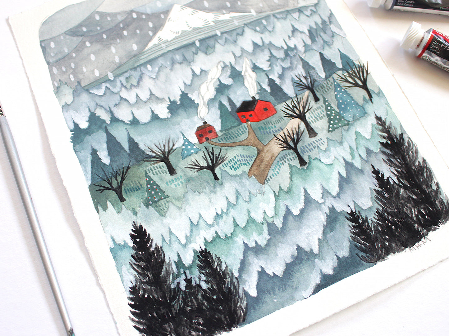 Original Northwest Watercolor Painting - Winter Neighbors