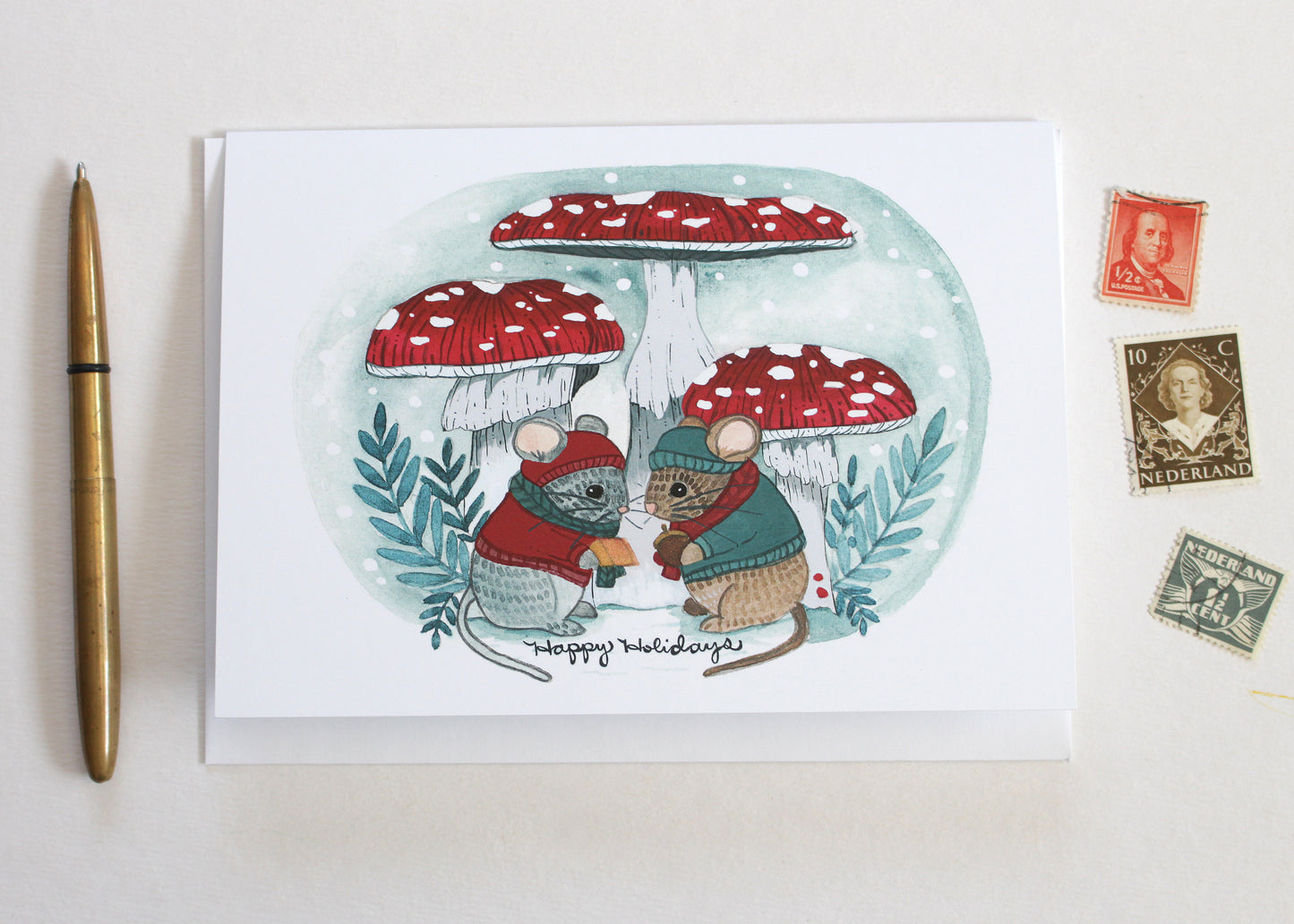 Set of Five Blank  Holiday Cards - Happy Holiday Mice