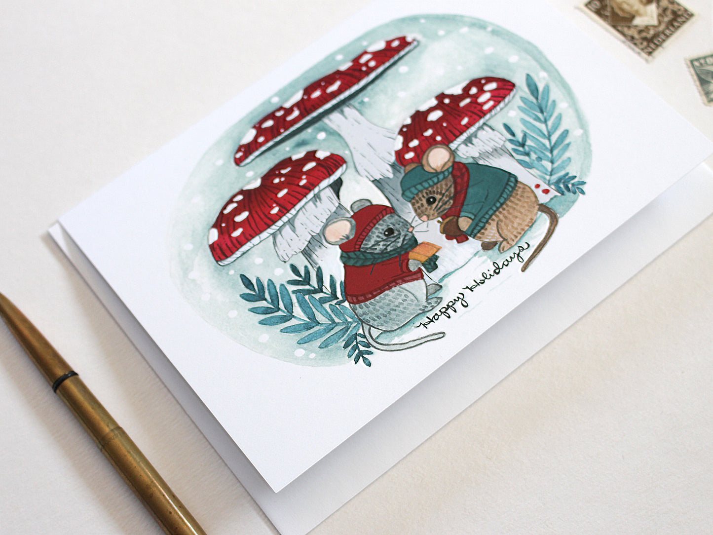 Set of Five Blank  Holiday Cards - Happy Holiday Mice