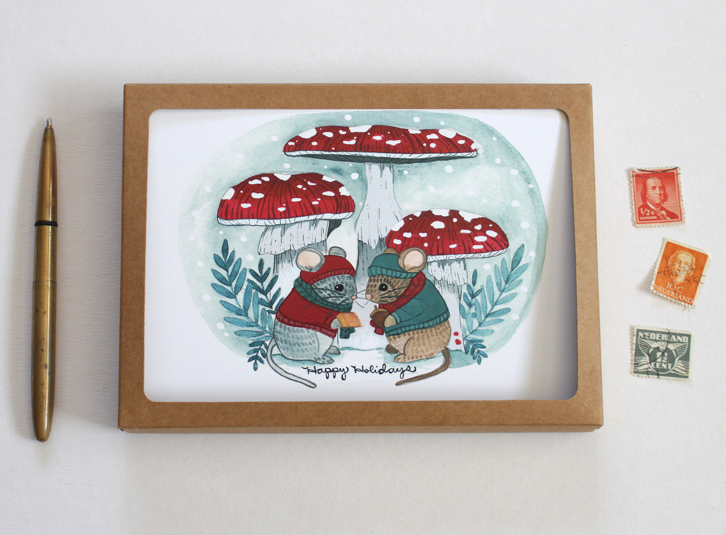 Set of Five Blank  Holiday Cards - Happy Holiday Mice