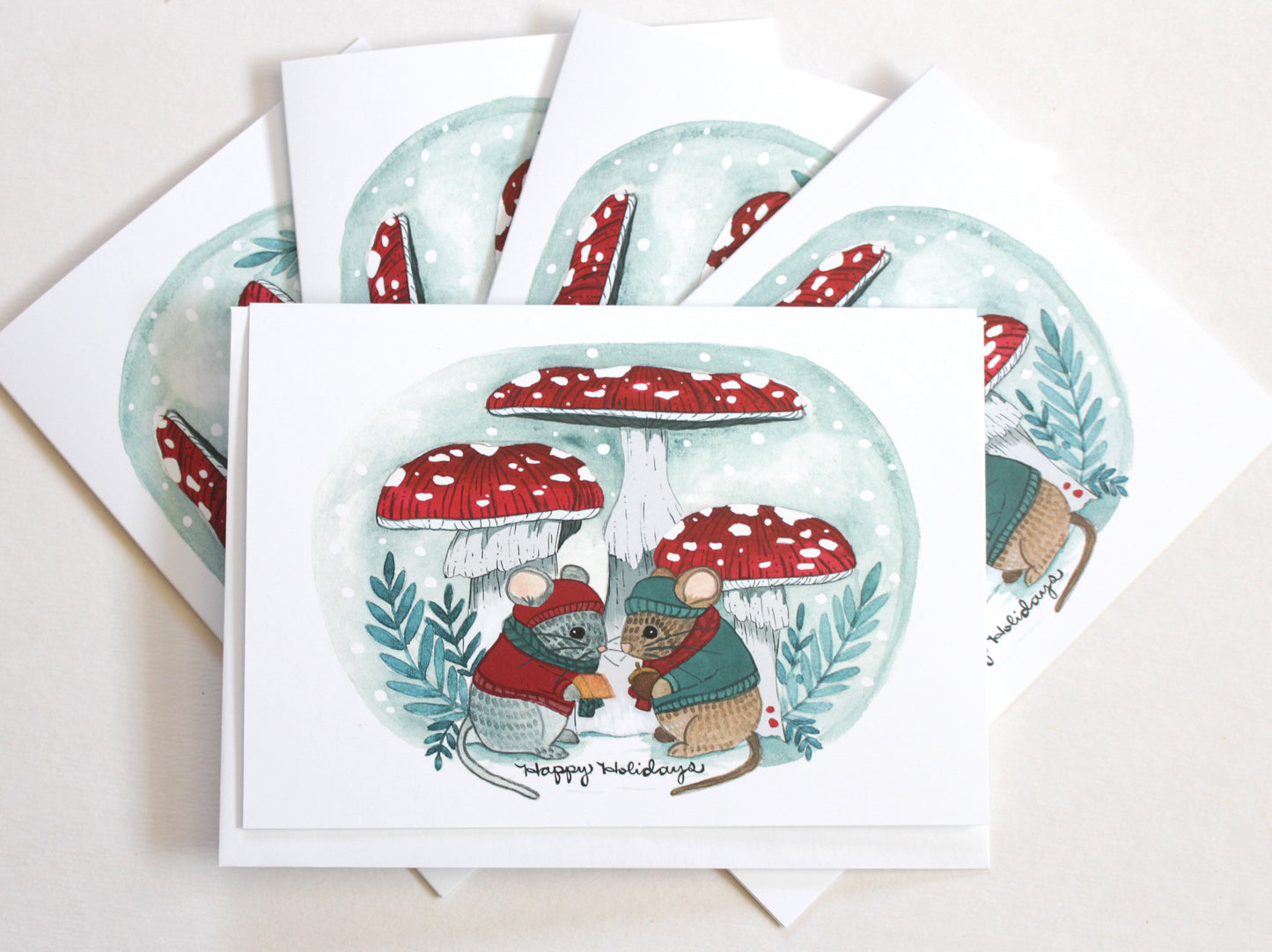 Set of Five Blank  Holiday Cards - Happy Holiday Mice