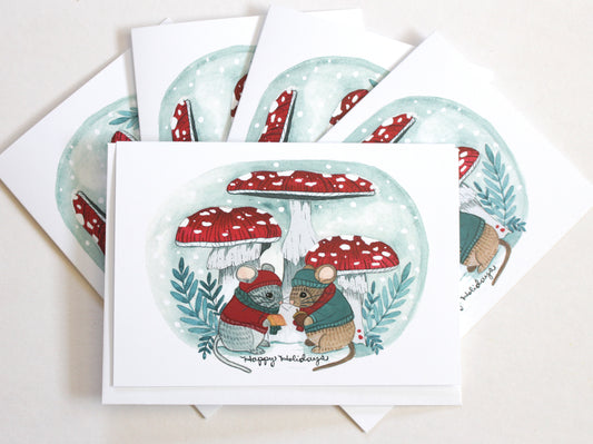Set of Five Blank  Holiday Cards - Happy Holiday Mice