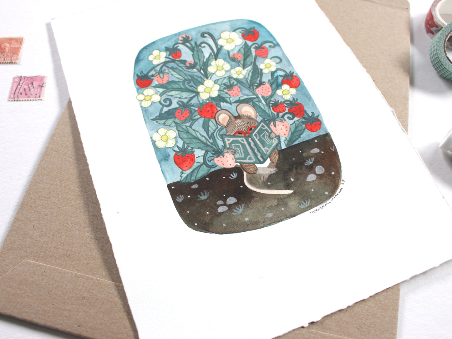 Original Mouse Reading a Book Gouache Painting