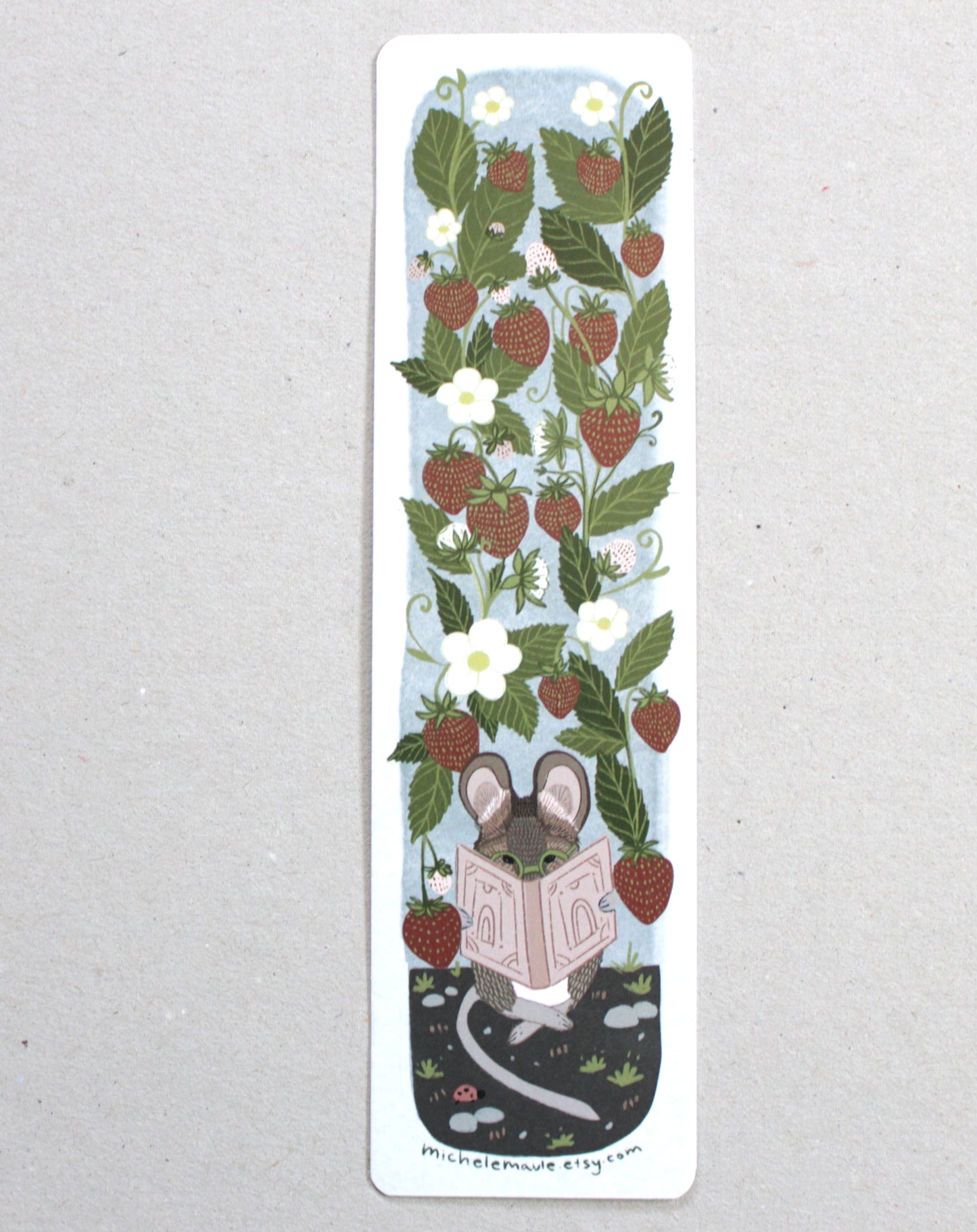 Mouse and Strawberries Illustrated Bookmark