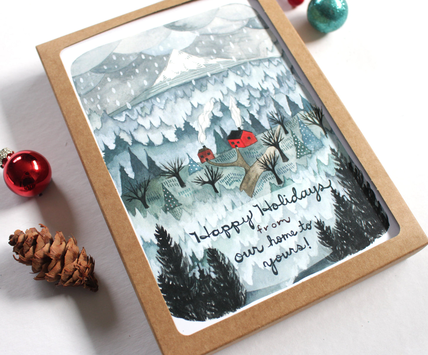 Set of Illustrated Holiday Card - Happy Holidays from Our Home to Yours