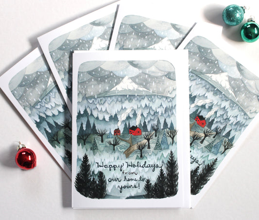 Set of Illustrated Holiday Card - Happy Holidays from Our Home to Yours