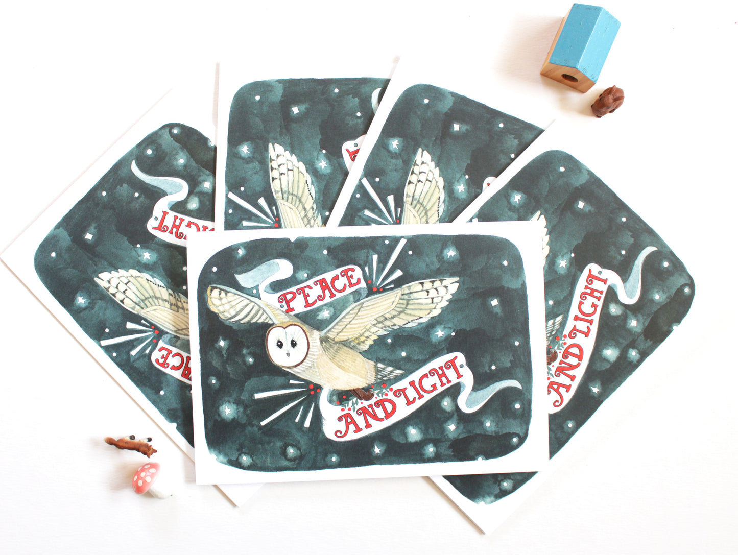 Set of Illustrated Holiday Cards - Peace and Light Barn Owl