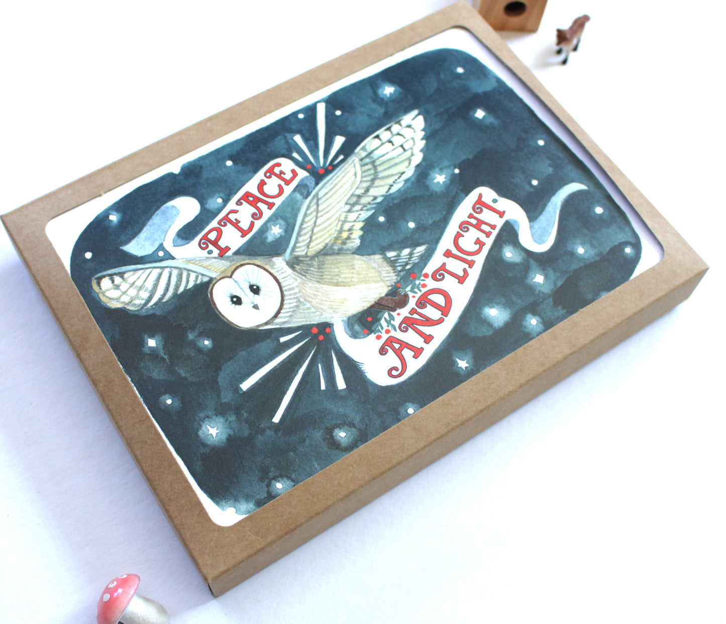 Set of Illustrated Holiday Cards - Peace and Light Barn Owl
