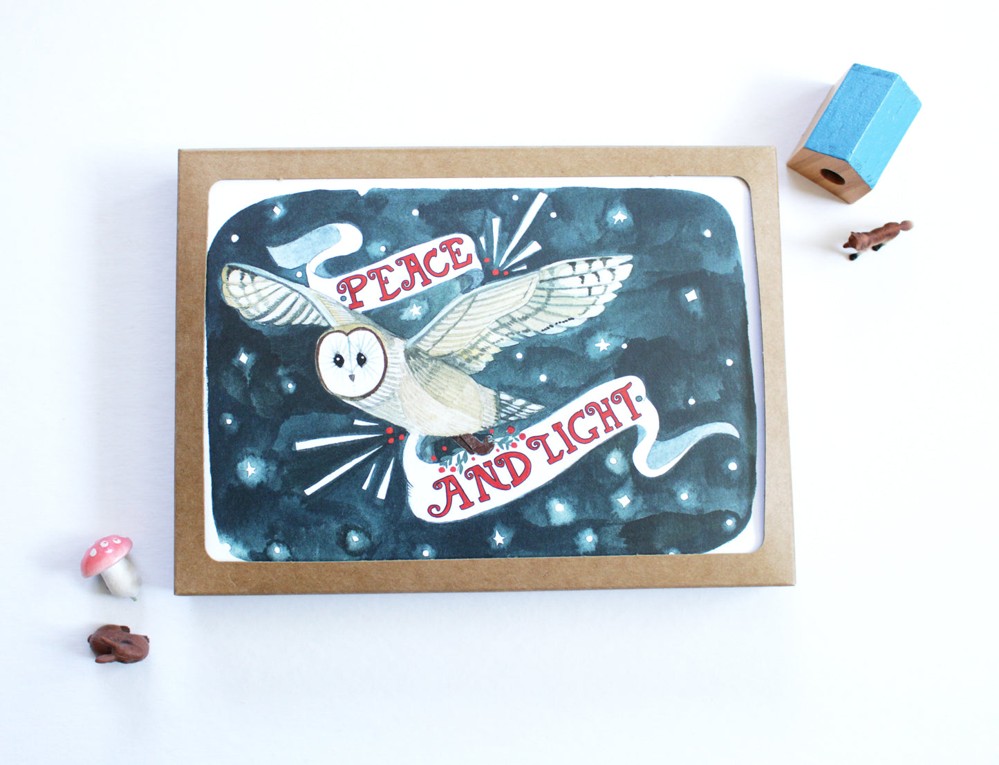 Set of Illustrated Holiday Cards - Peace and Light Barn Owl