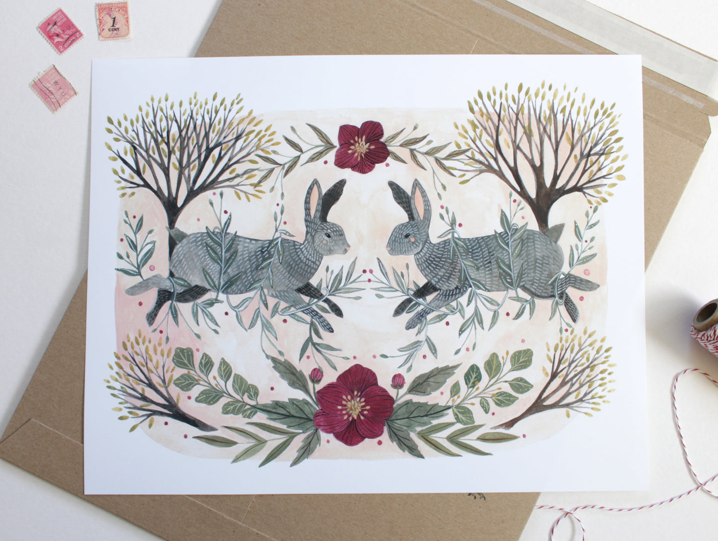 11x14 Print - Two Spring Rabbits with Trees