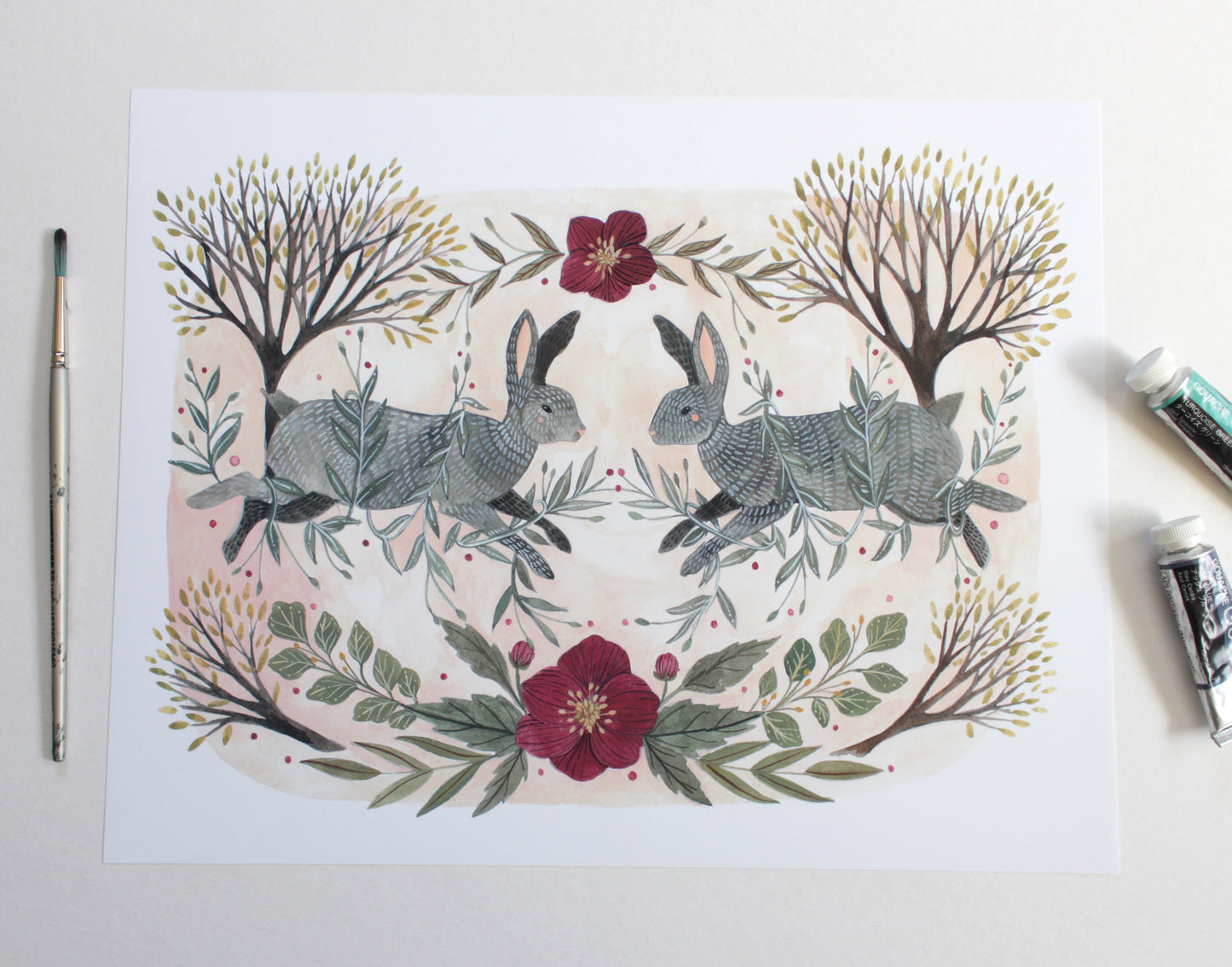 11x14 Print - Two Spring Rabbits with Trees