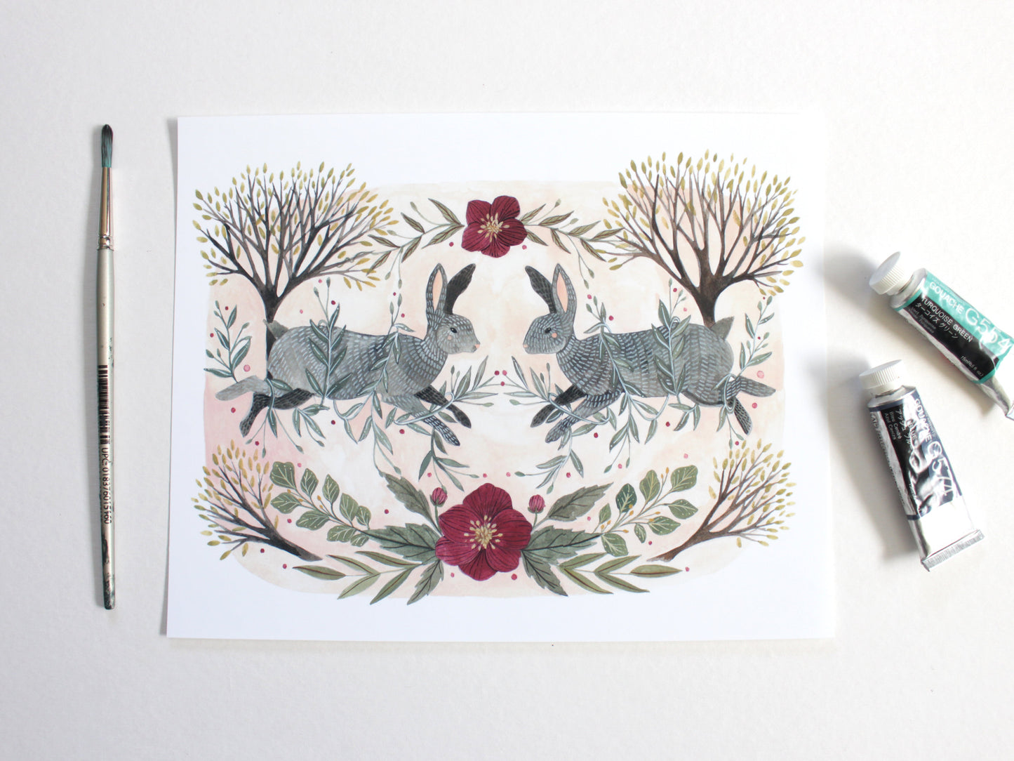 8x10 Print - Rabbit and Floral Illustration