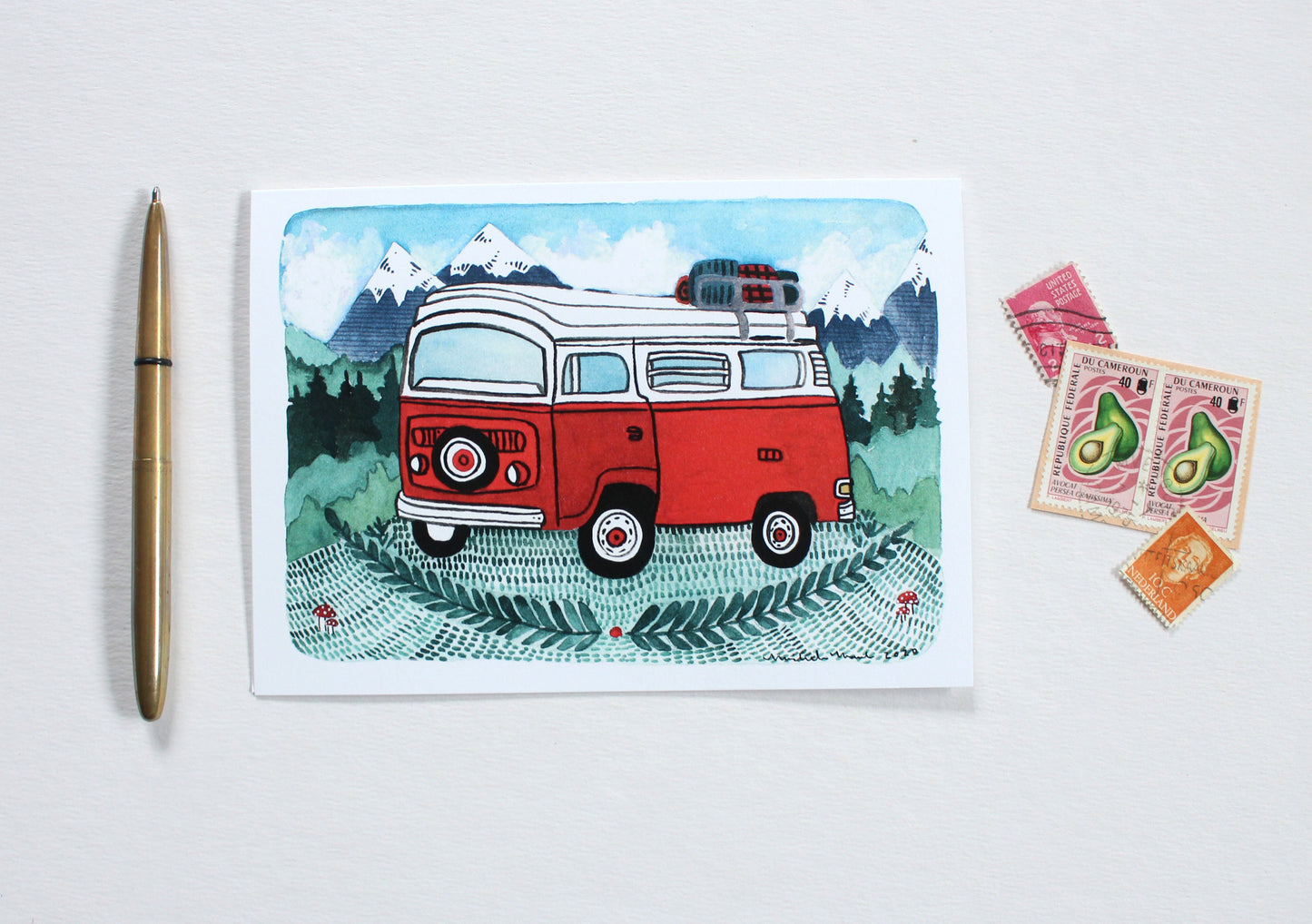 Greeting Card - Red Camper Van