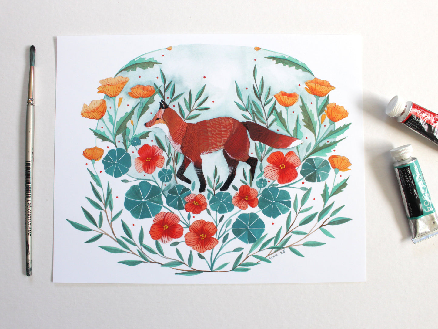 8x10 Print - Red Fox with Nasturtiums
