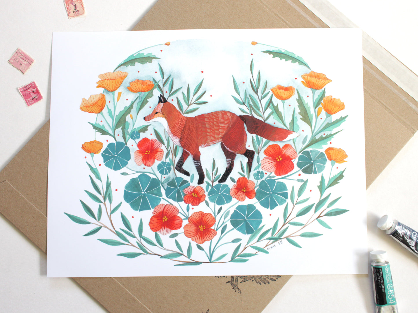 11x14 Print - Red Fox with California Poppies and Nasturtium