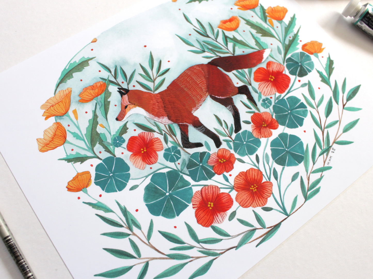 8x10 Print - Red Fox with Nasturtiums