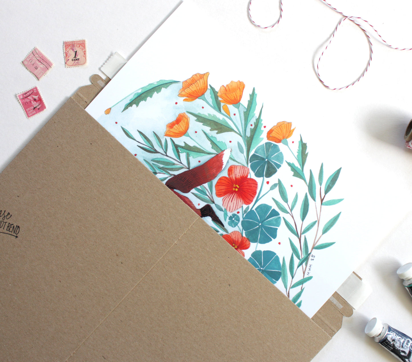 11x14 Print - Red Fox with California Poppies and Nasturtium