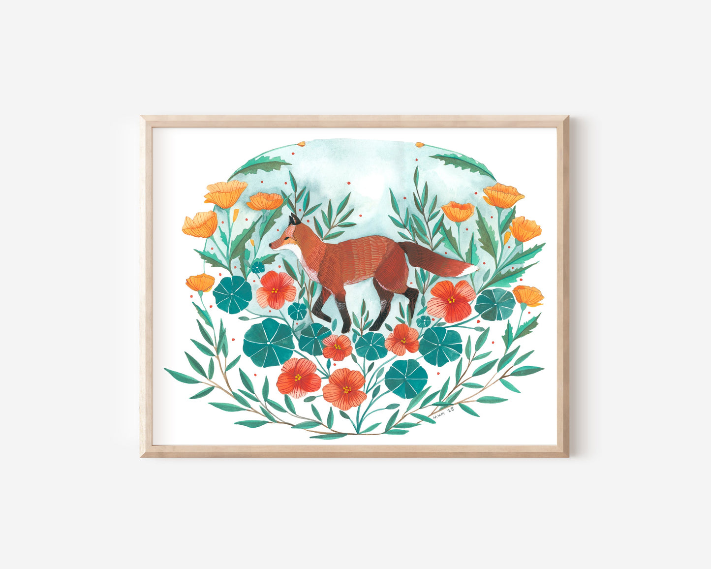 11x14 Print - Red Fox with California Poppies and Nasturtium