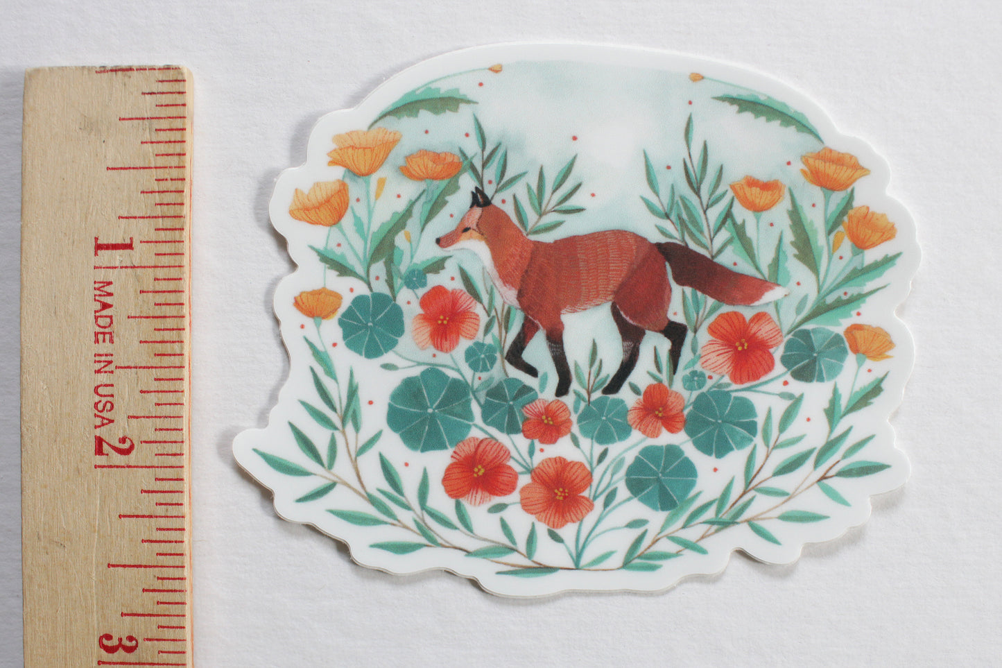 Vinyl Sticker - Red Fox with Nasturtium and California Poppies