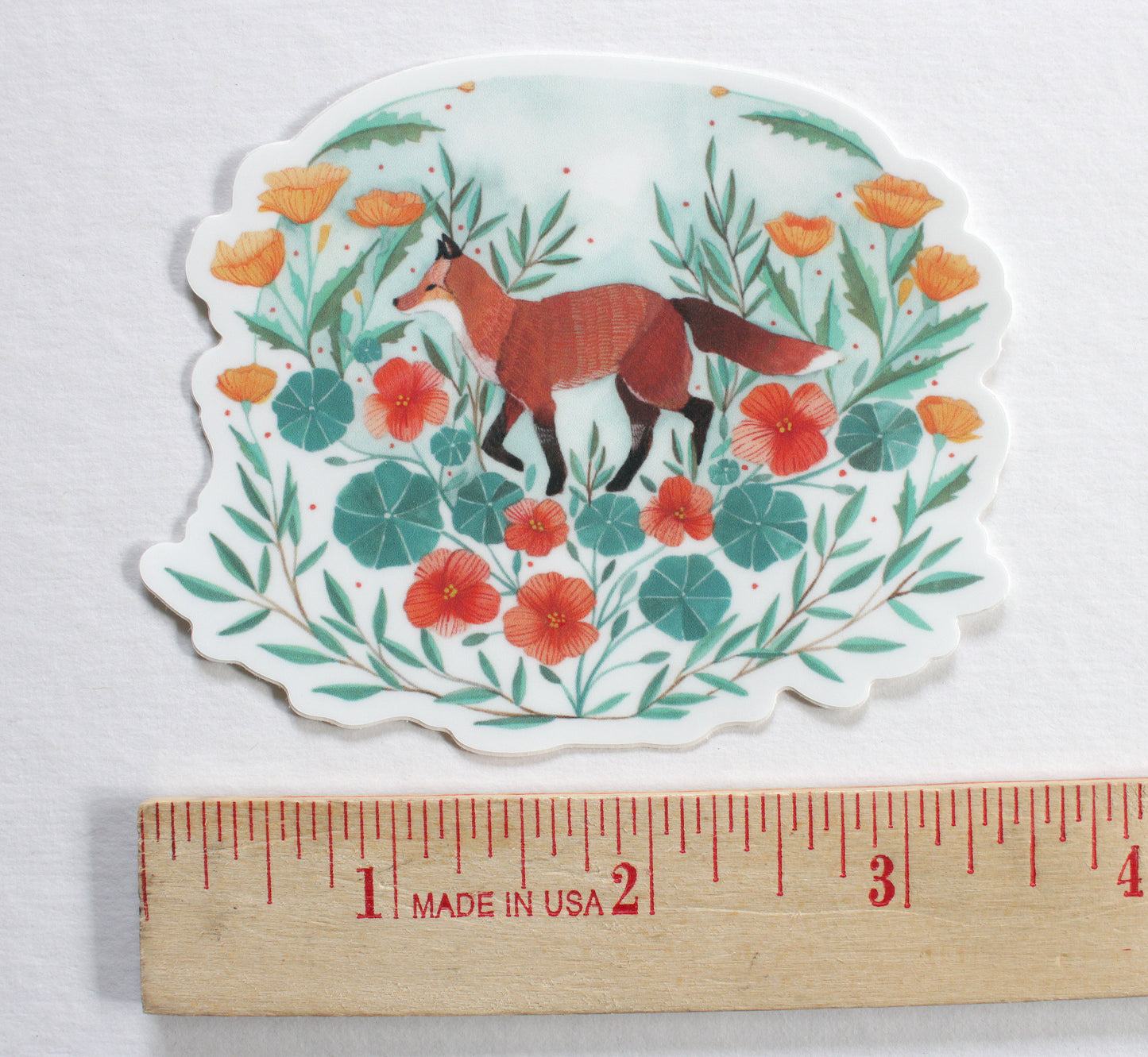 Vinyl Sticker - Red Fox with Nasturtium and California Poppies