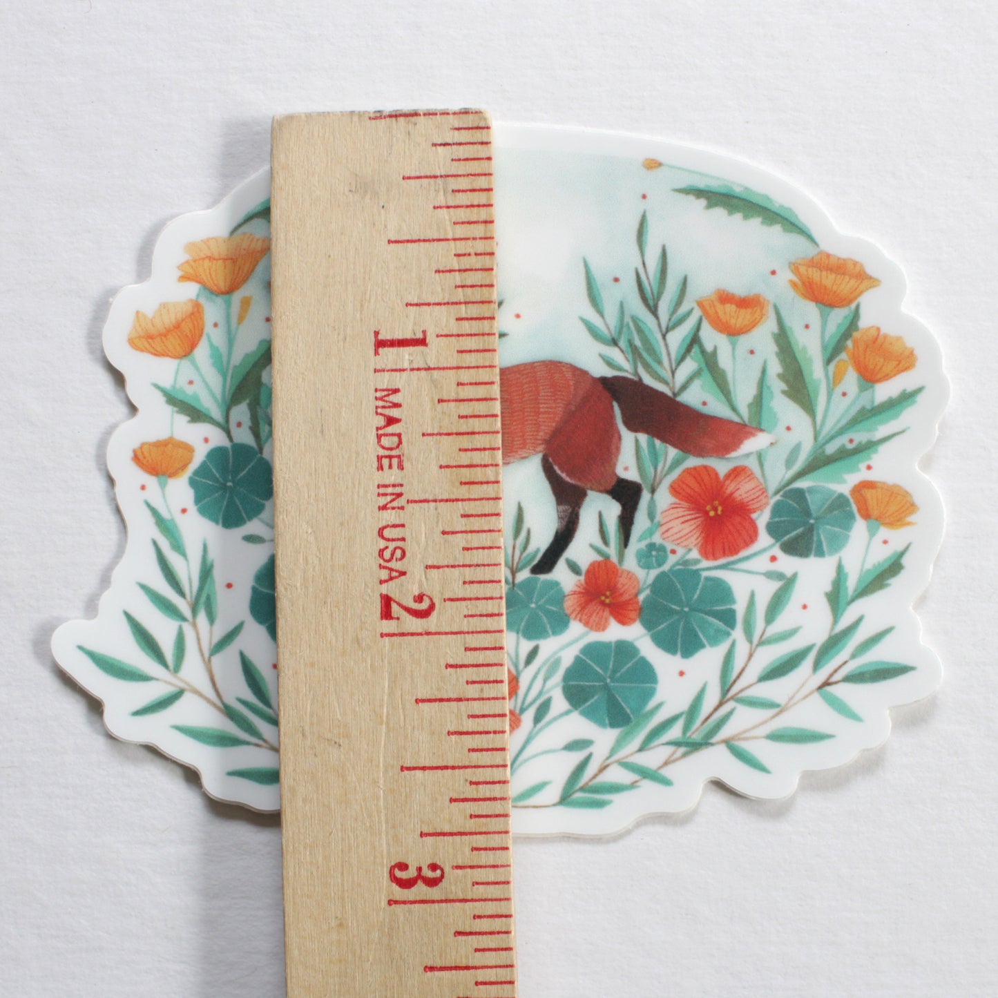 Vinyl Sticker - Red Fox with Nasturtium and California Poppies