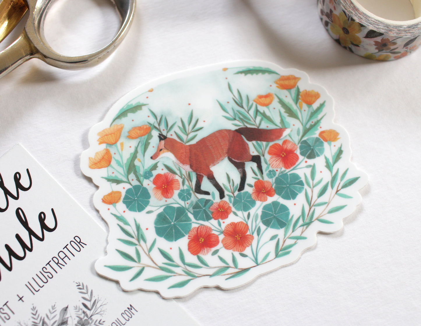 Vinyl Sticker - Red Fox with Nasturtium and California Poppies