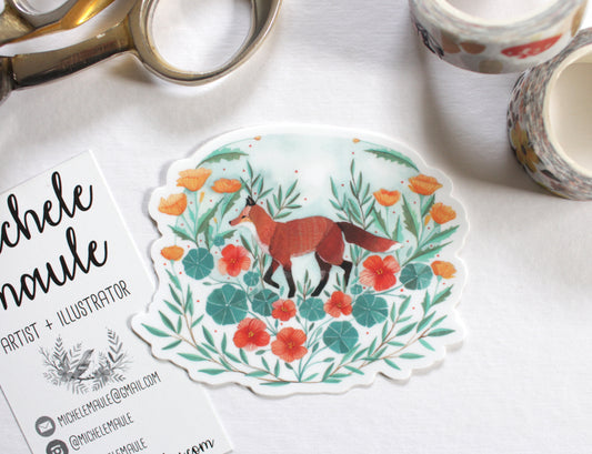 Vinyl Sticker - Red Fox with Nasturtium and California Poppies