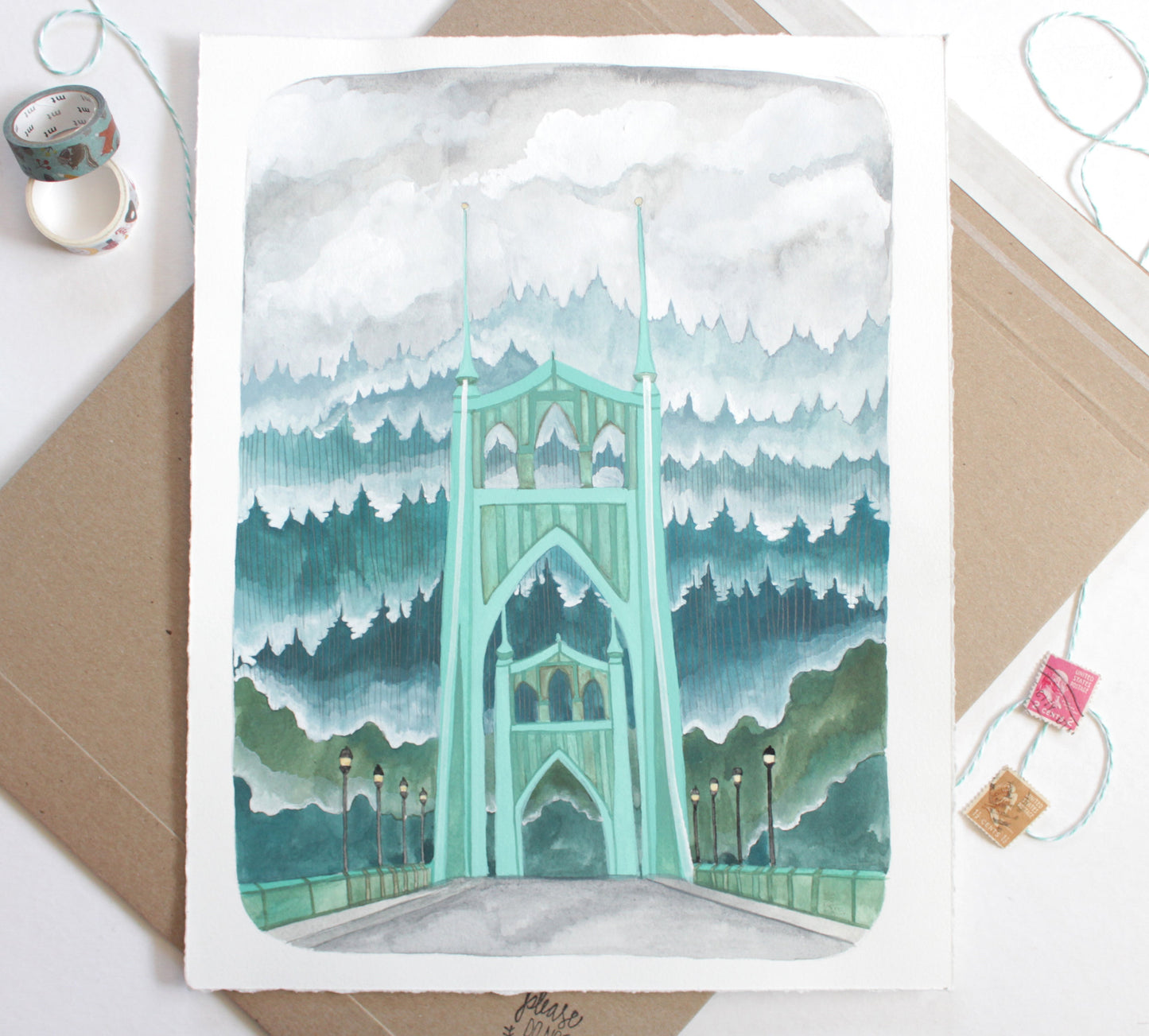 Original Gouache Portland Oregon Painting - St Johns Bridge