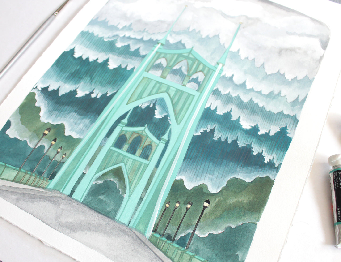 Original Gouache Portland Oregon Painting - St Johns Bridge