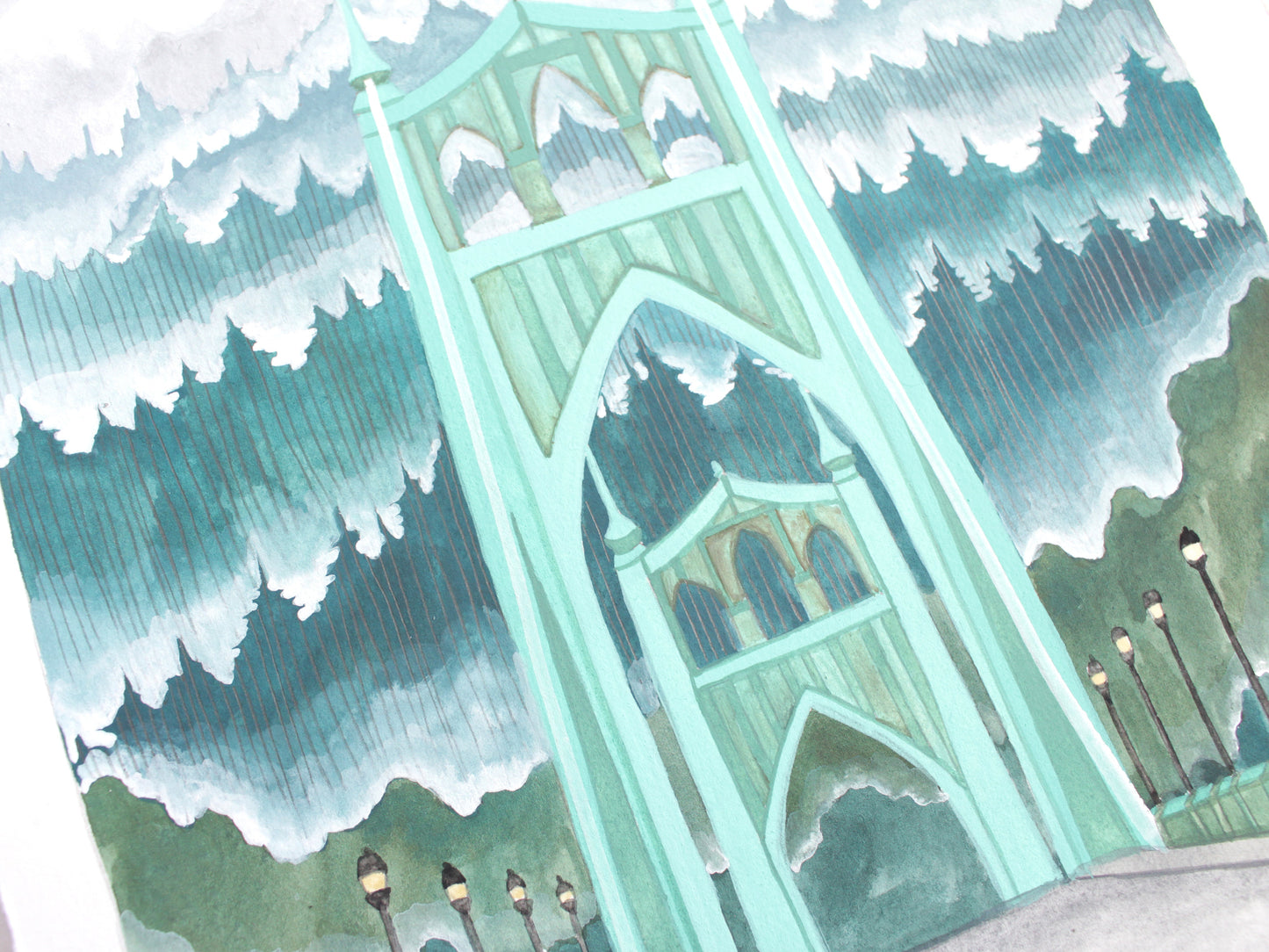 Original Gouache Portland Oregon Painting - St Johns Bridge