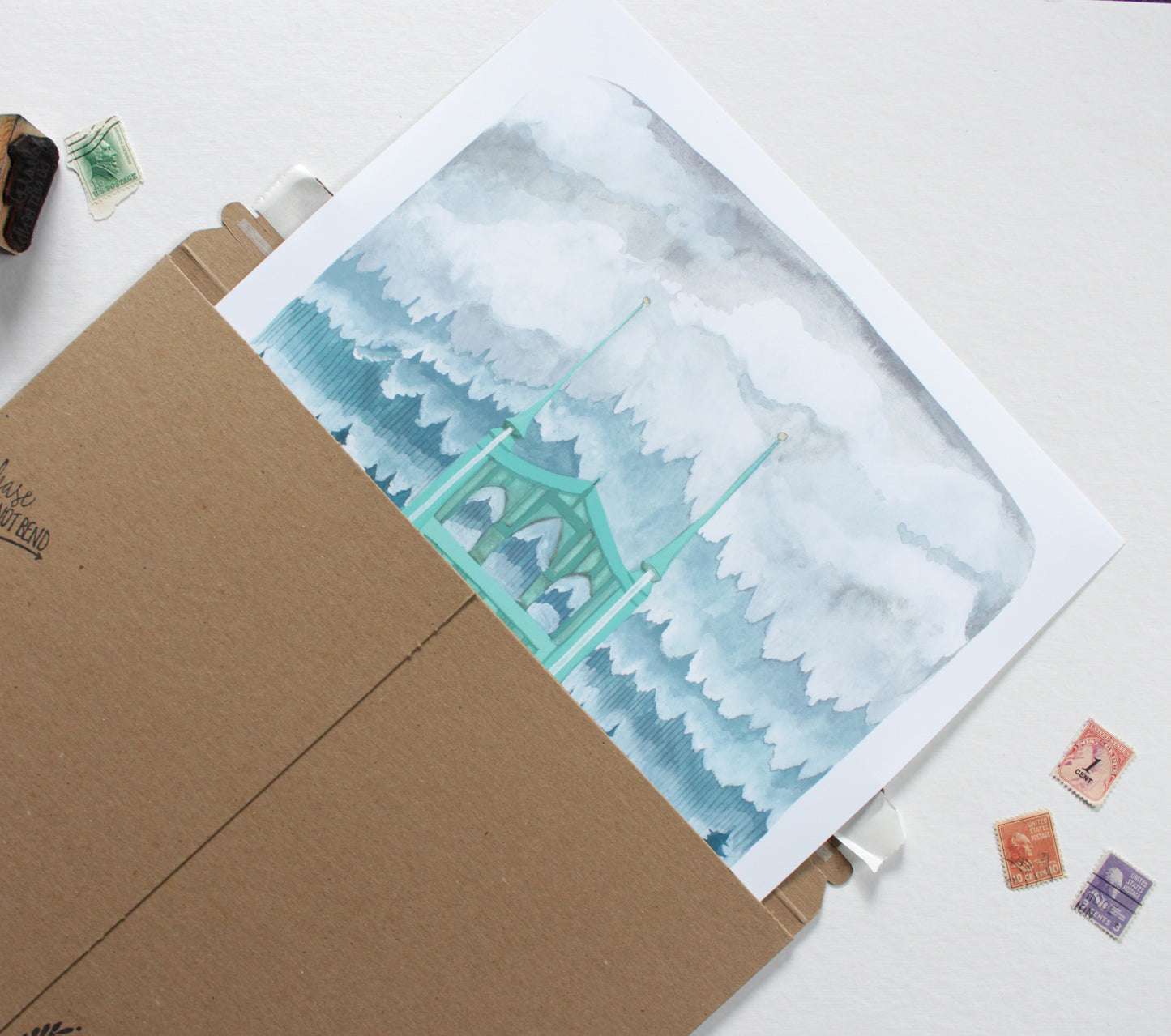 Portland Oregon Illustration of the St Johns Bridge with a Misty Forest (11x14)