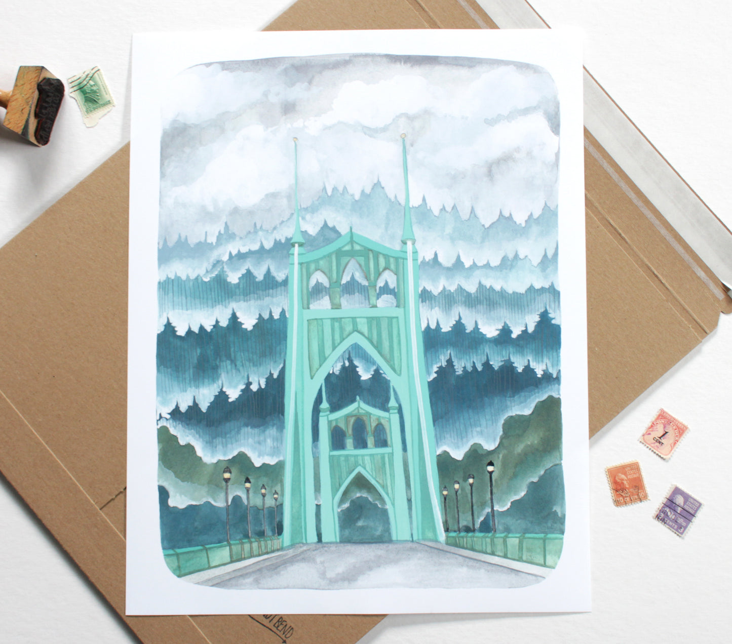 Portland Oregon Illustration of the St Johns Bridge with a Misty Forest (11x14)