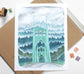 Portland Oregon Illustration of the St Johns Bridge with a Misty Forest (11x14)