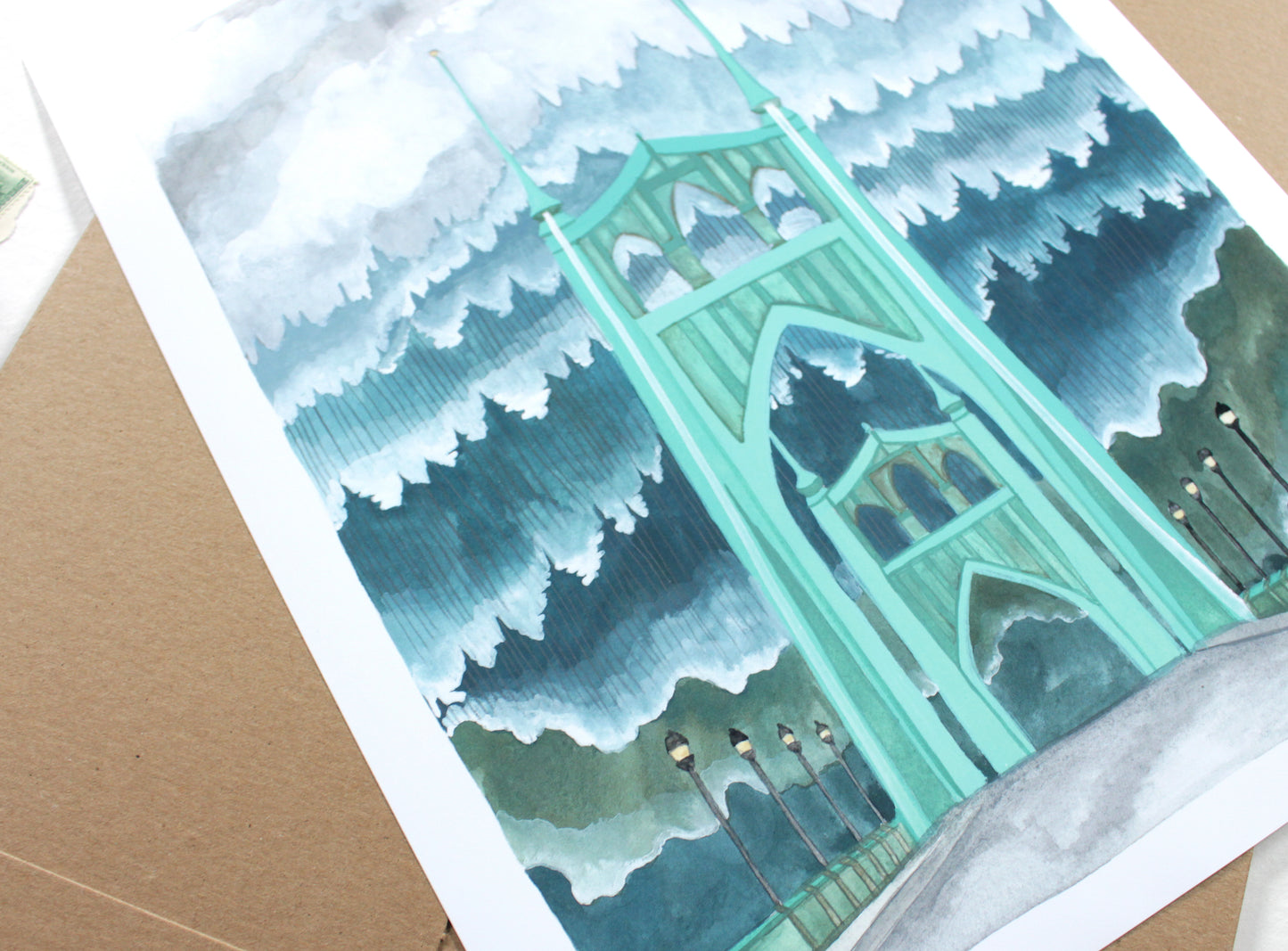 Portland Oregon Illustration of the St Johns Bridge with a Misty Forest (11x14)