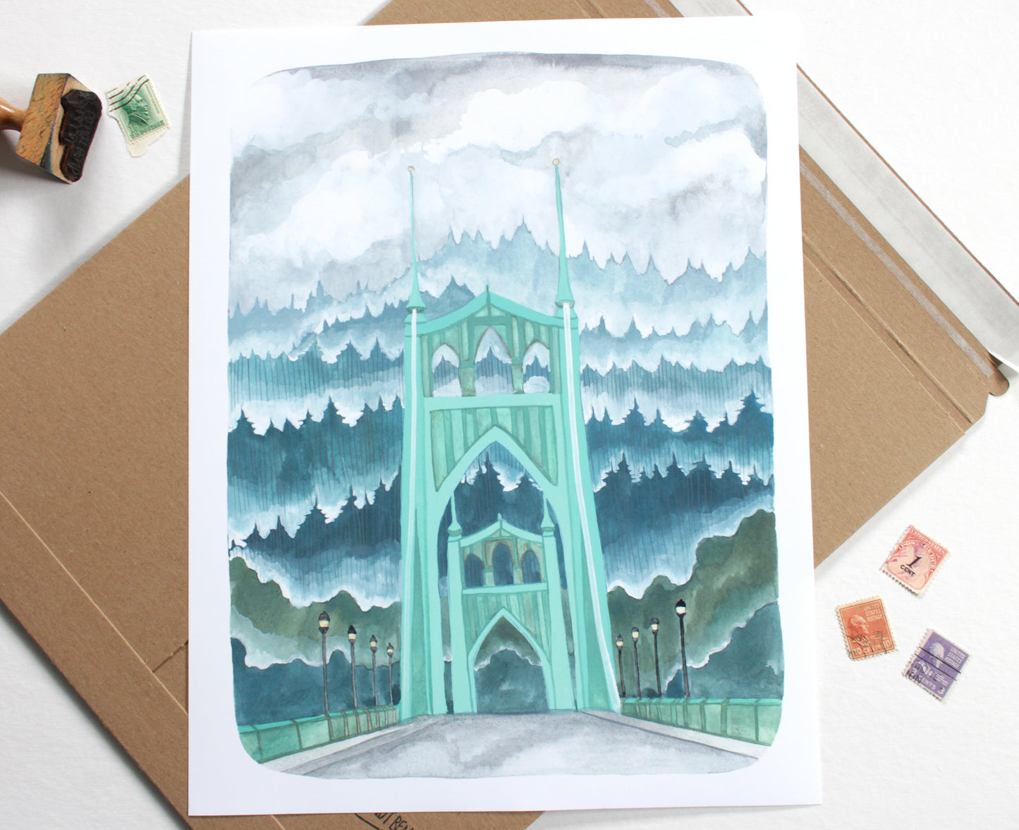Portland Oregon Illustration of the St Johns Bridge with a Misty Forest (11x14)