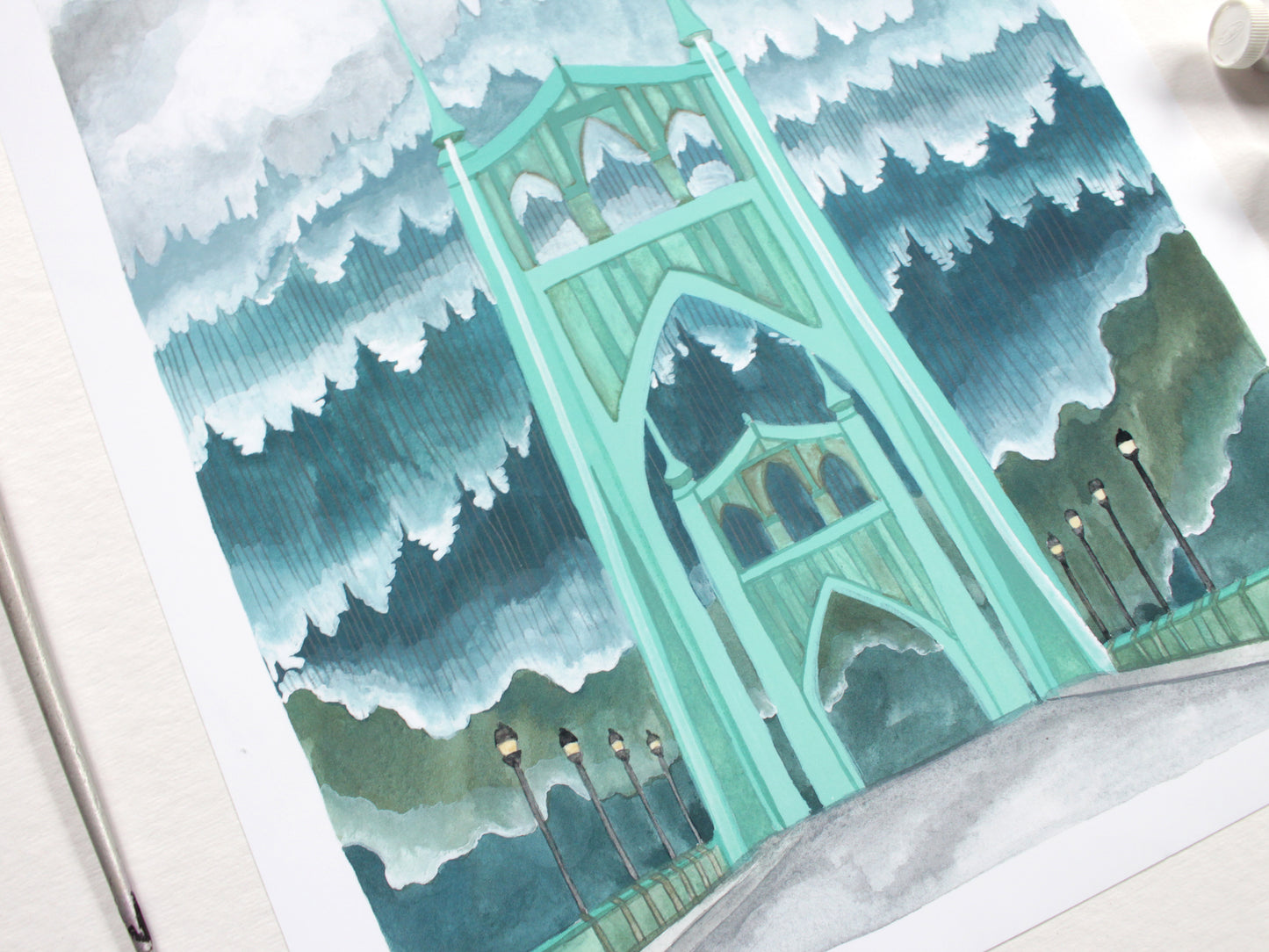 Portland Oregon Illustration of the St Johns Bridge with a Misty Forest (11x14)